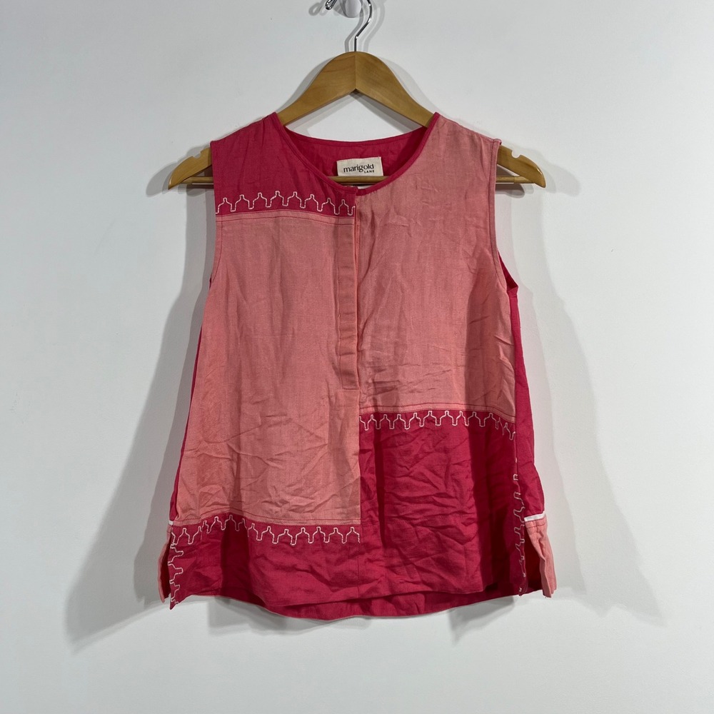 Marigold Lane Resort Cottagecore Colorblock Linen Embroidered Top Womens Medium‎